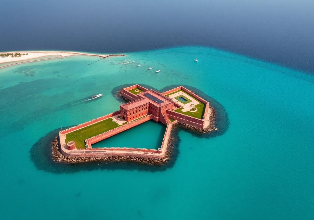 Aerial view of the historic brick Fort Jefferson surrounded by turquoise water at Dry Tortugas National Park