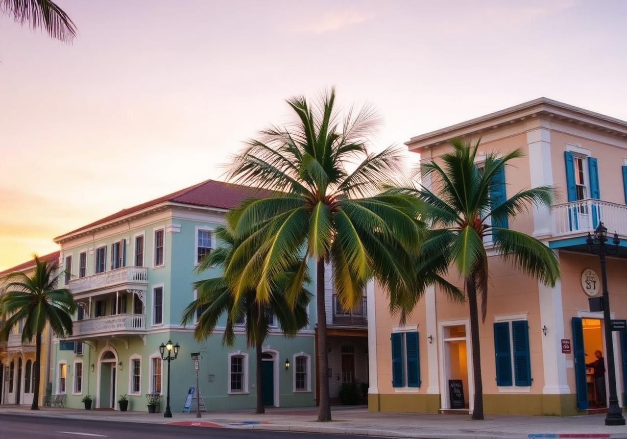 Pastel colonial buildings and palm trees lining Duval Street in Key West at golden hour