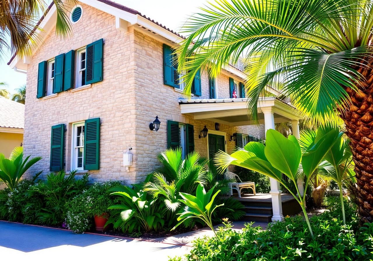 Stone Spanish colonial Ernest Hemingway Home in Key West with green shutters and tropical garden