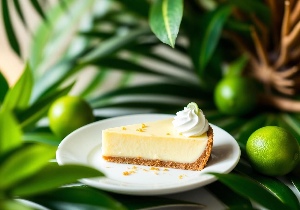 Slice of Key lime pie with whipped cream on a white plate, surrounded by tropical leaves