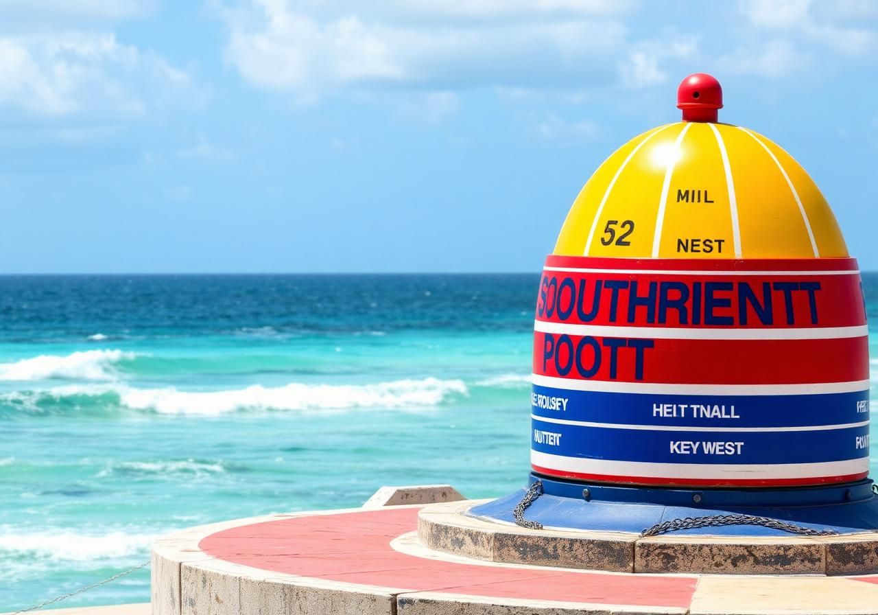 Colorful red and yellow Southernmost Point buoy monument in Key West with ocean behind