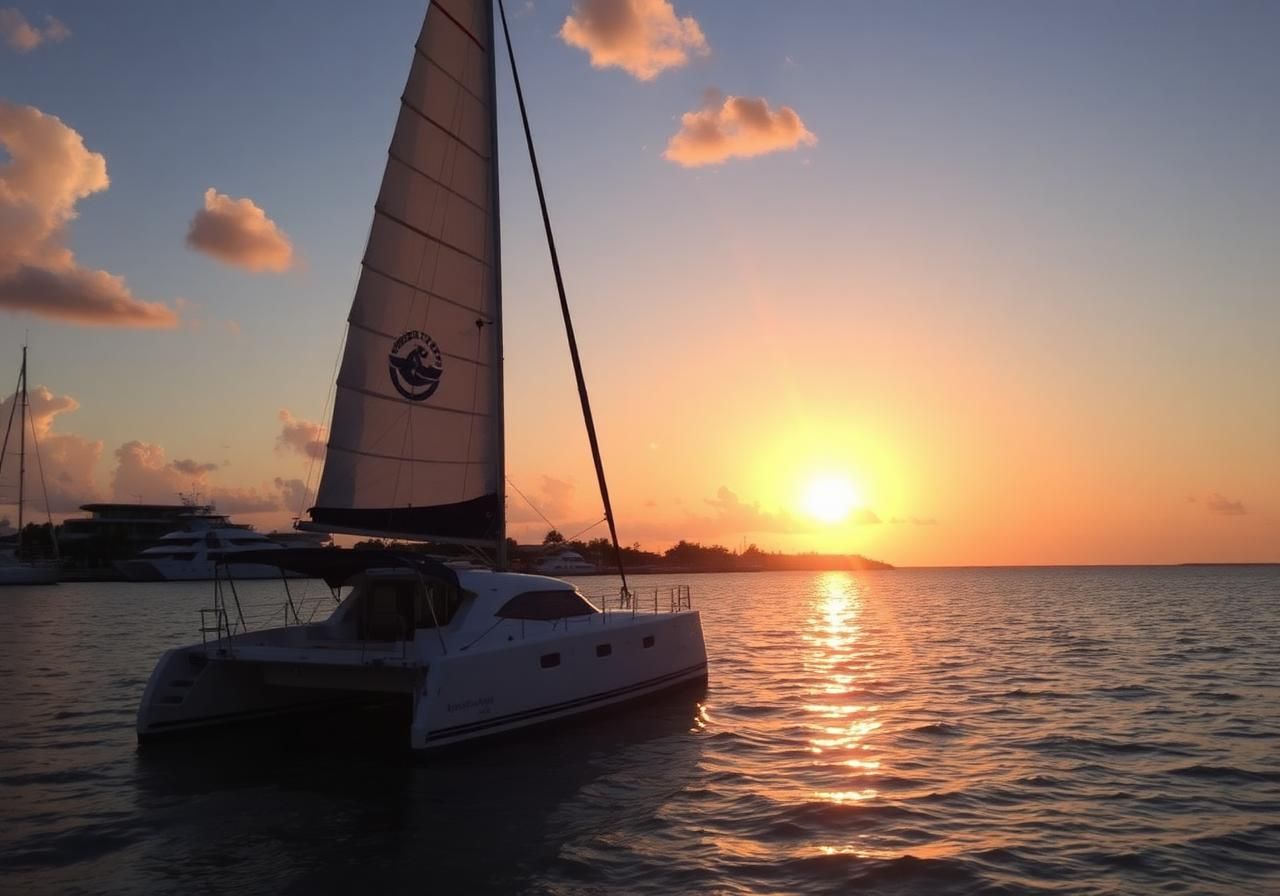Classic catamaran sailboat with sails up against a glowing orange Key West sunset