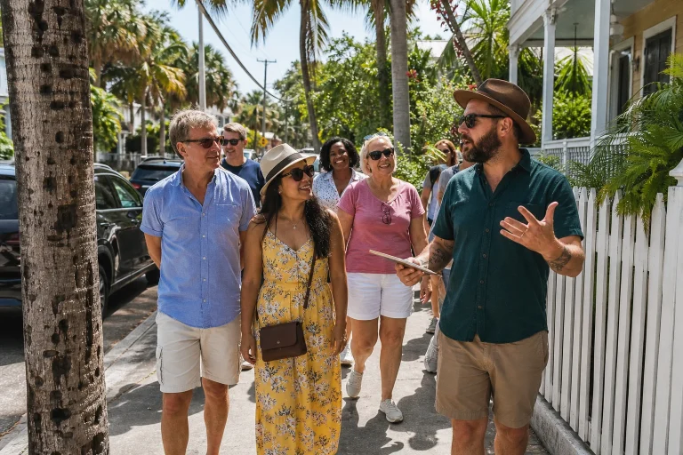 Small group walking through historic Key West on a food tour