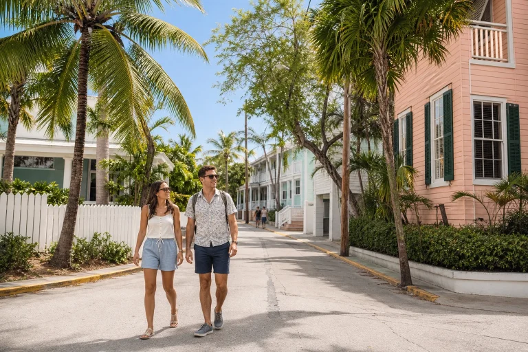 Visitors taking a walking tour through Old Town Key West