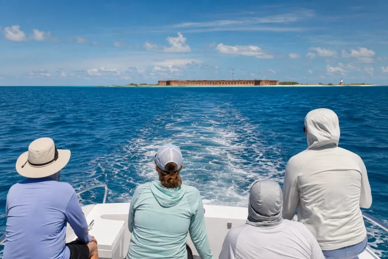 Private boat crossing open water toward Dry Tortugas National Park