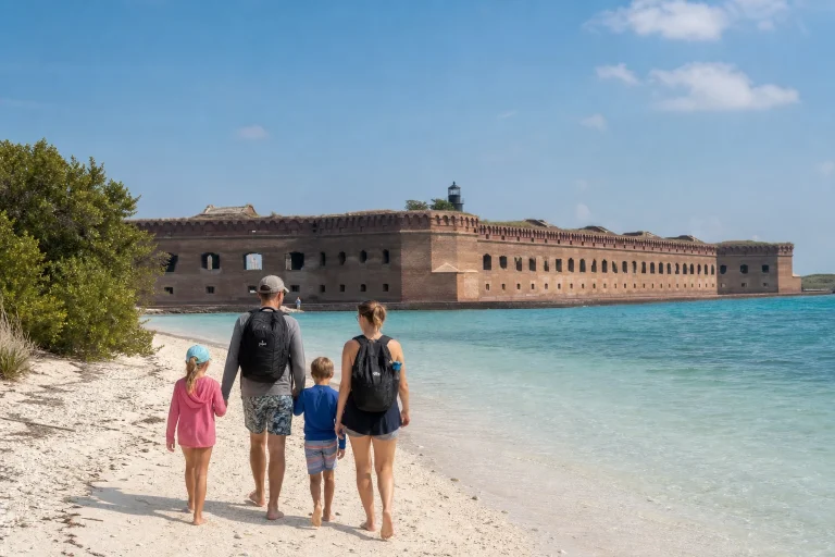 Family walking near Fort Jefferson on Garden Key at Dry Tortugas National Park