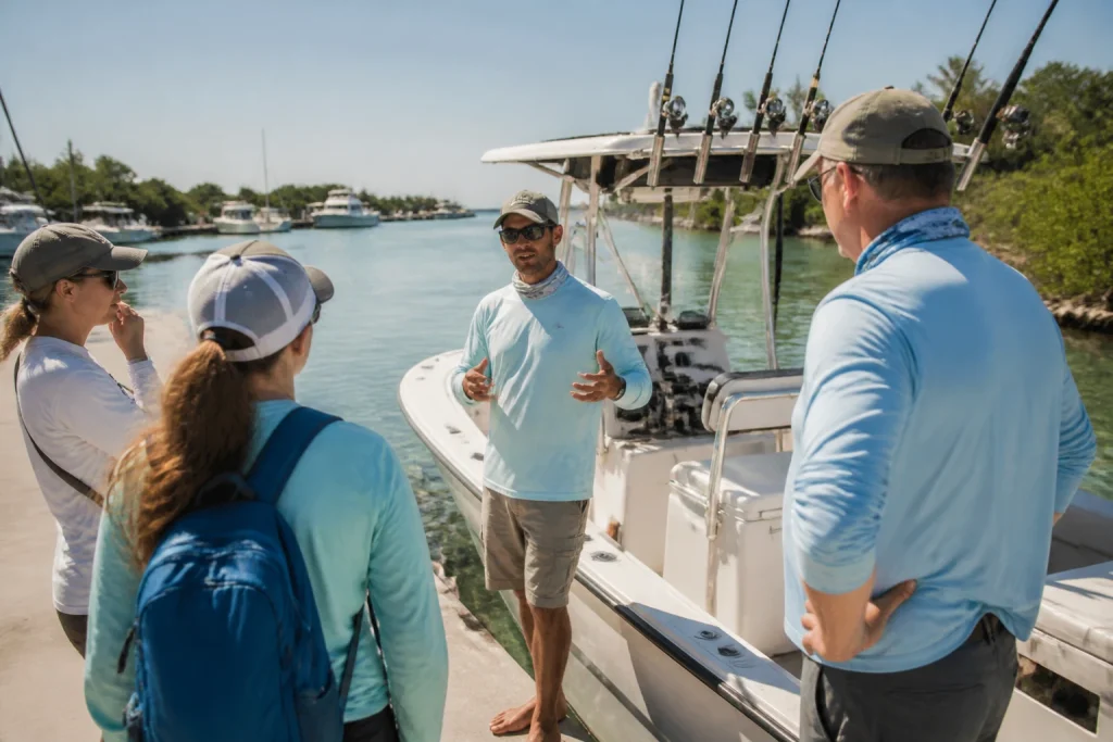 Small group preparing for a fishing charter at a Key West marina