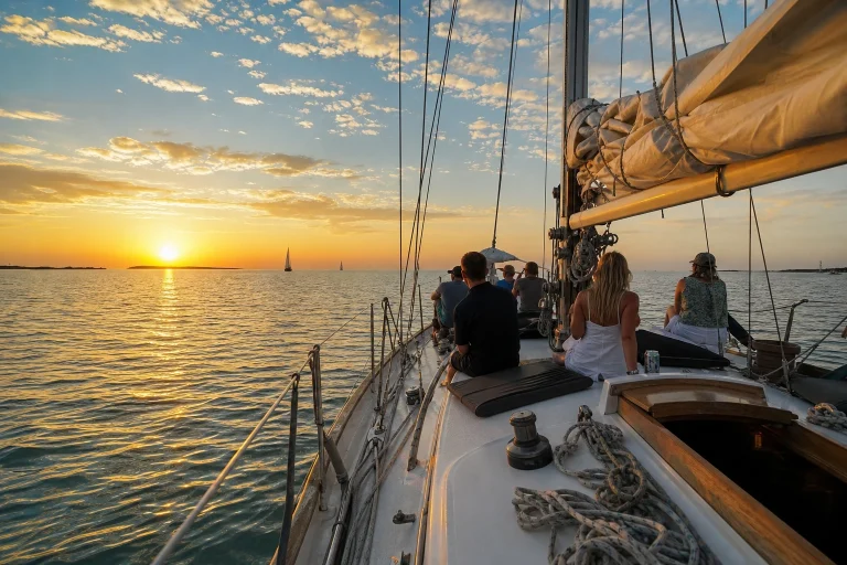 Small sailboat carrying passengers on Key West water at sunset