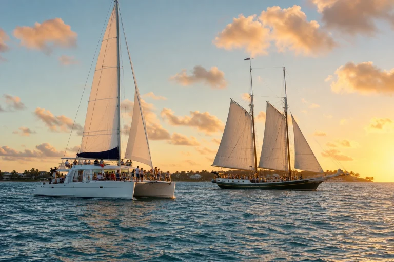 Catamaran and schooner sailing near Key West at sunset