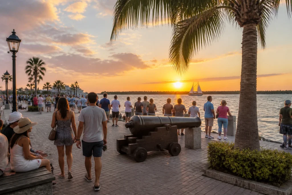 Visitors walking near the Mallory Square waterfront in Key West.