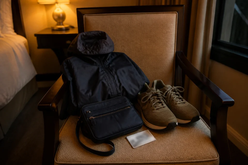 Walking shoes and light essentials prepared for an evening tour