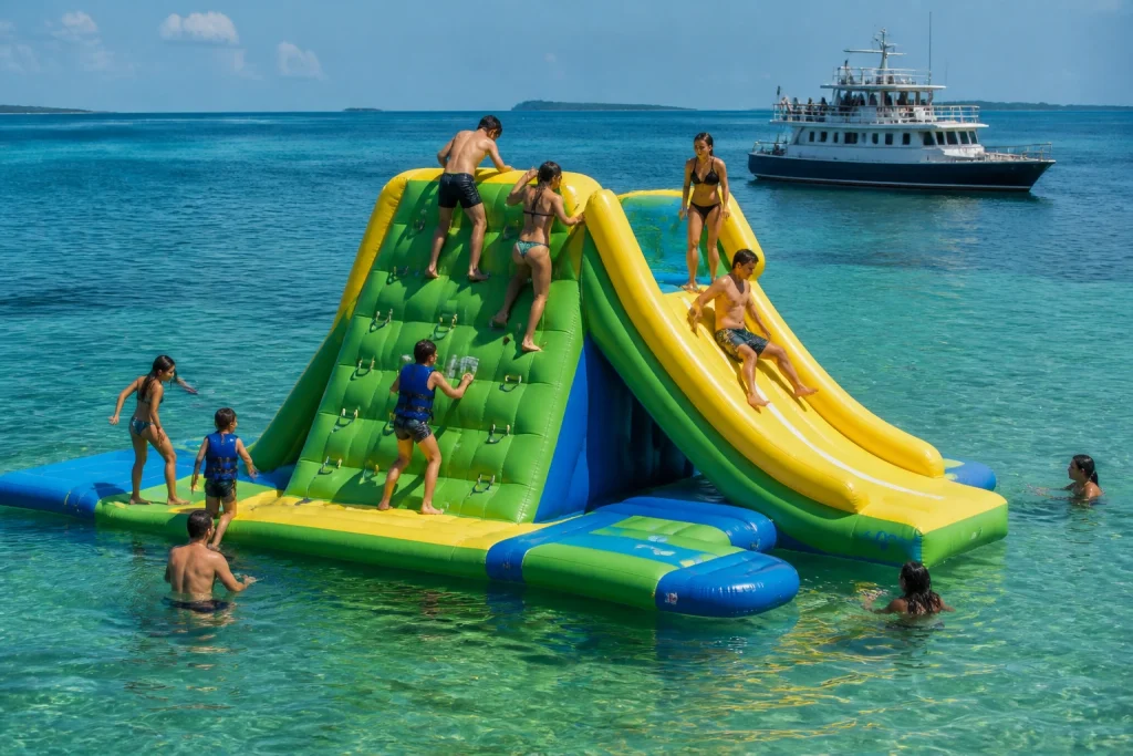 Guests using a floating inflatable climbing feature on a Key West tour