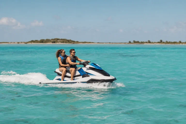 Riders wearing life jackets on a personal watercraft in Key West waters