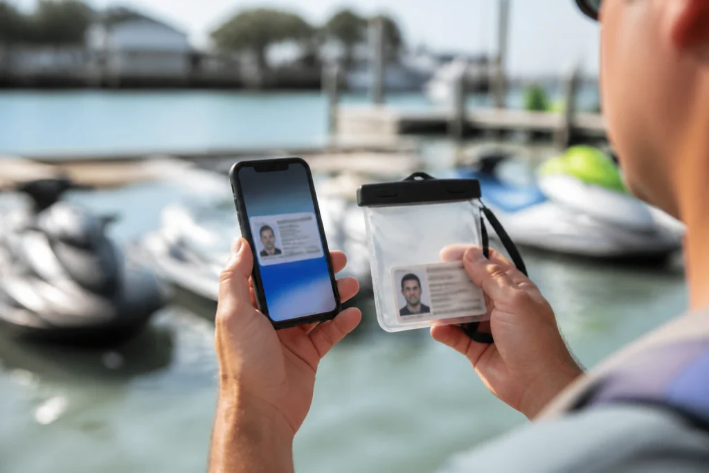 Photo ID and boating-safety documentation stored in a waterproof pouch