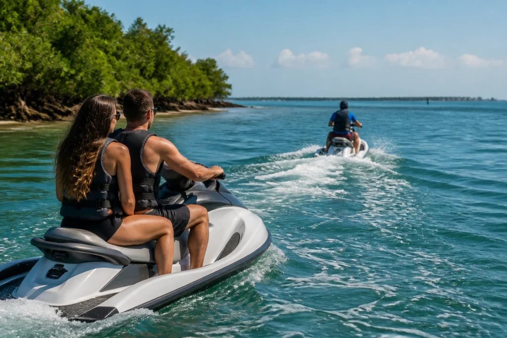 Two travelers sharing a tandem jet ski during a guided tour