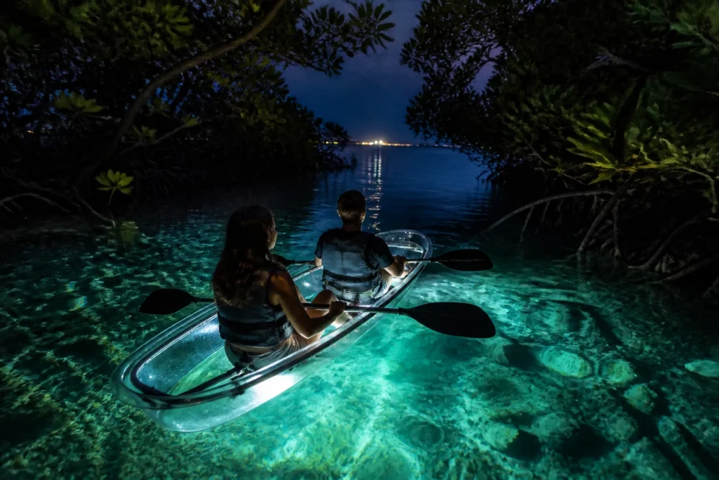 Illuminated kayak paddling through Key West mangroves at night