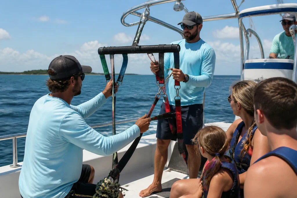 Parasail crew preparing equipment on a boat in Key West