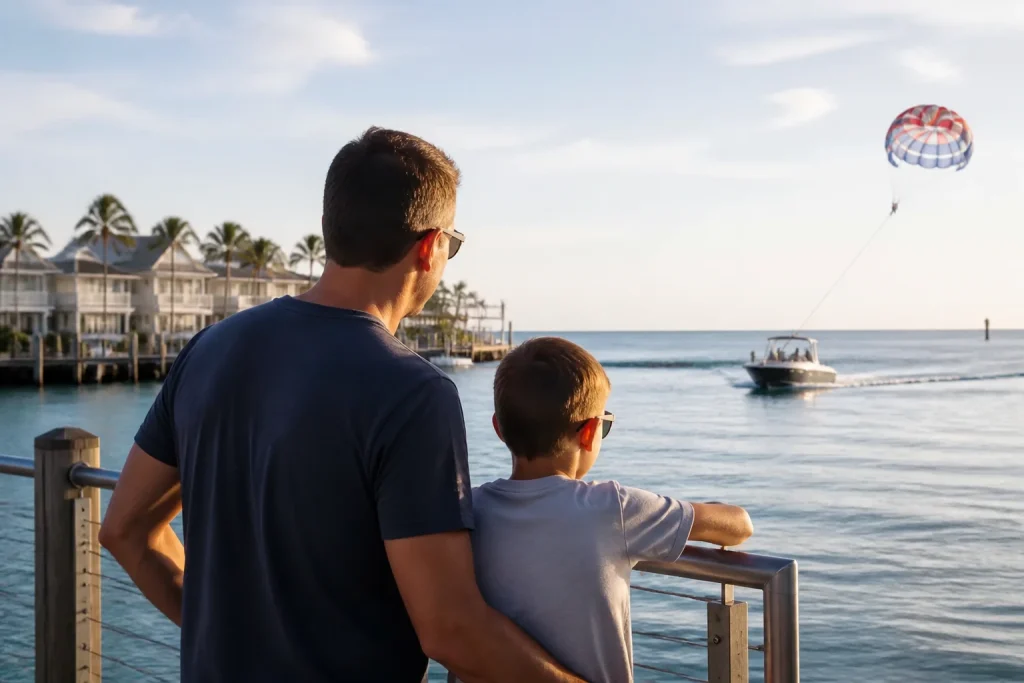 Parent and child planning a morning parasailing outing in Key West
