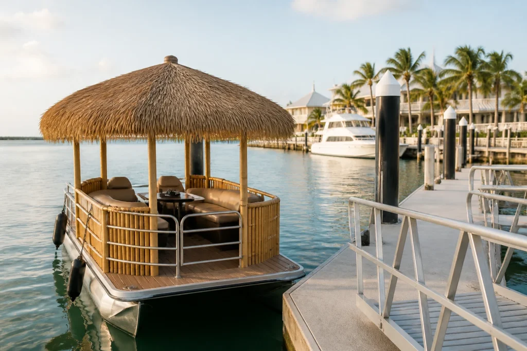 Tiki-style boat beside a Key West dock