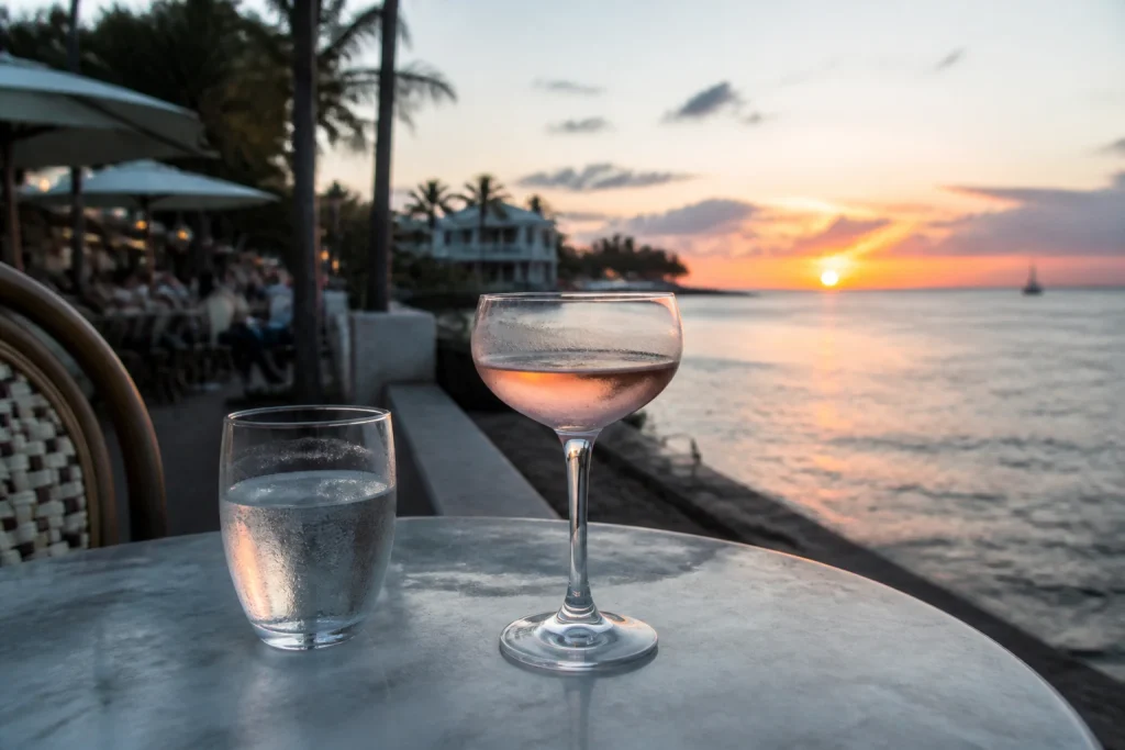 A cocktail and a glass of water at an outdoor table