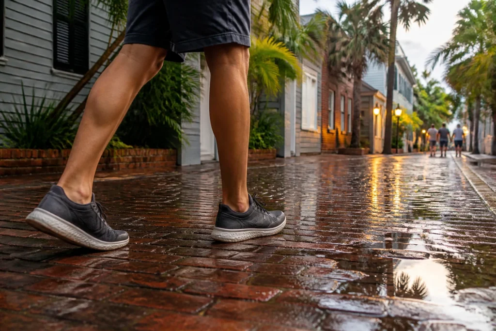 Comfortable shoes on a wet Key West sidewalk