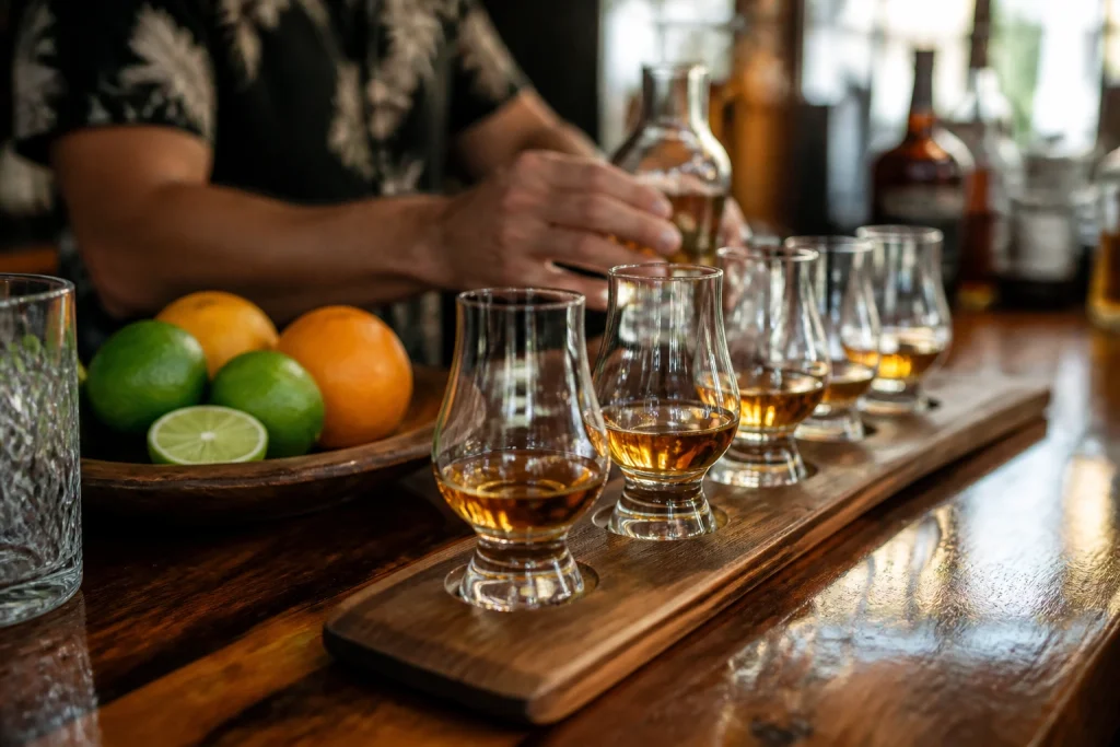 Rum tasting glasses prepared at a Key West distillery