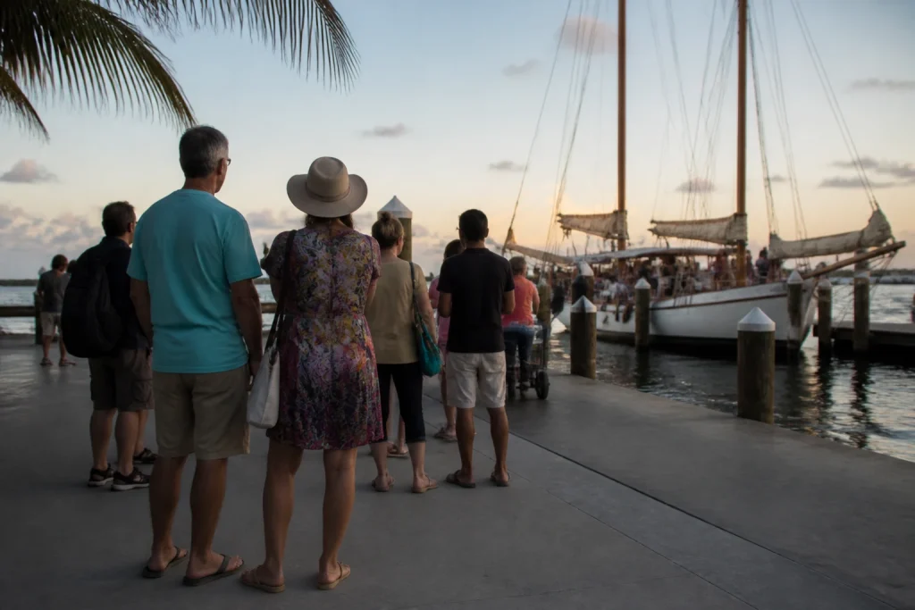 Travelers arriving at a marina dock for a sunset sail