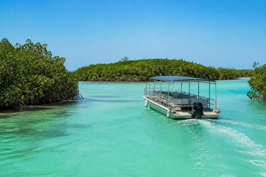 Small boat traveling through protected backcountry waters near Key West
