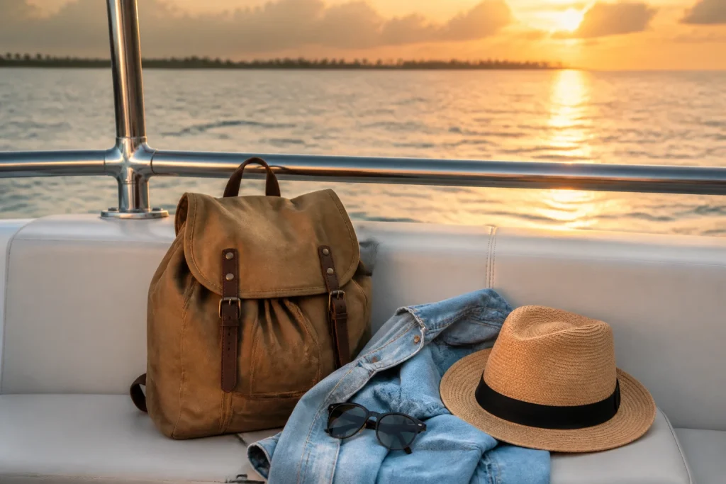 Light layers and sunglasses packed for a sunset boat ride