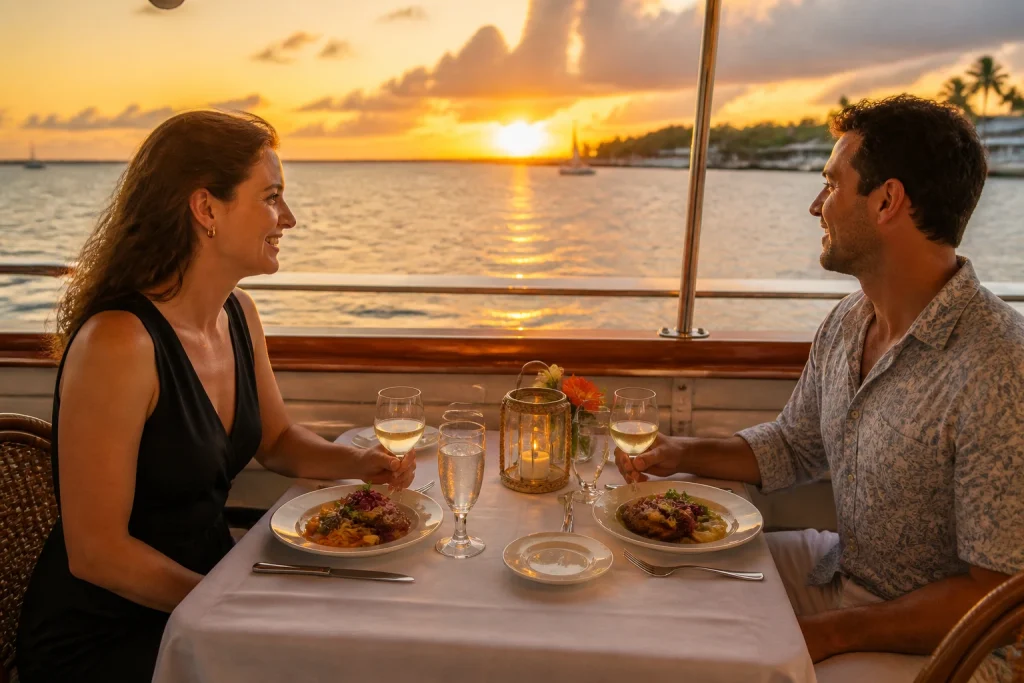 Intimate sunset dinner setting aboard a small Key West cruise vessel