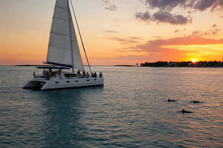 Sailboat on a Key West sunset cruise with distant dolphins in open water