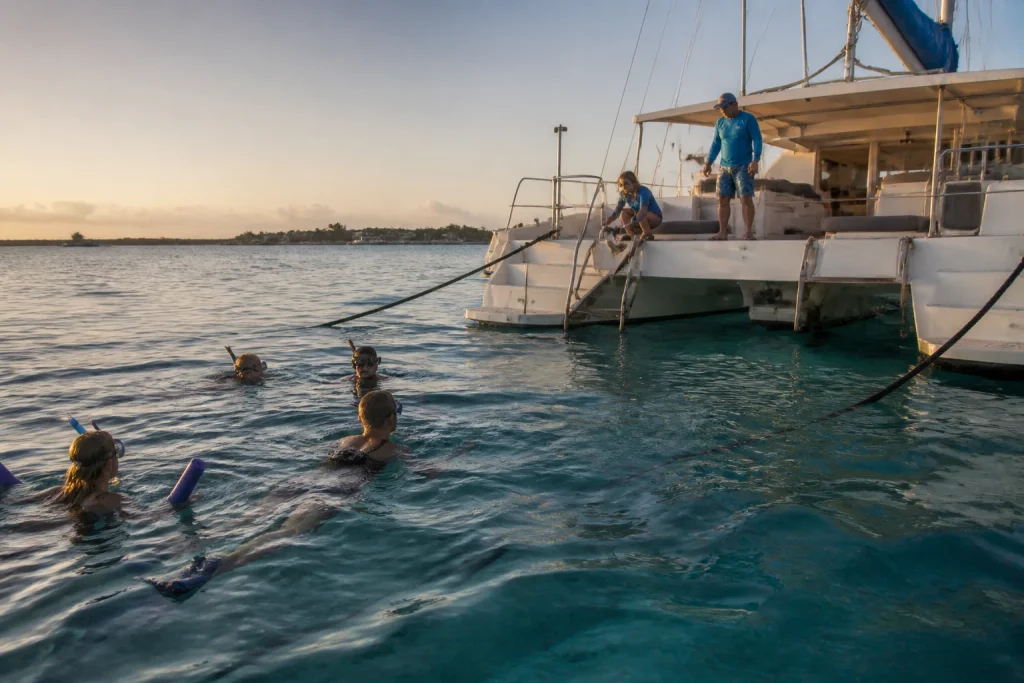 Snorkelers beside a boat on a Key West dolphin-watch and sunset trip