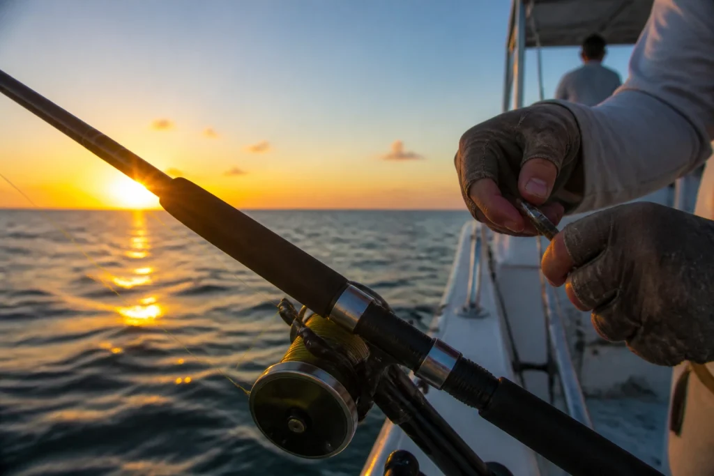 Fishing tackle prepared on a charter boat at golden hour