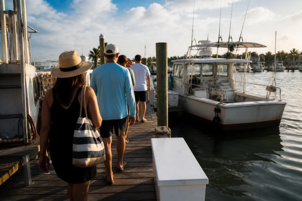 Visitors approaching a fishing boat from a marina dock