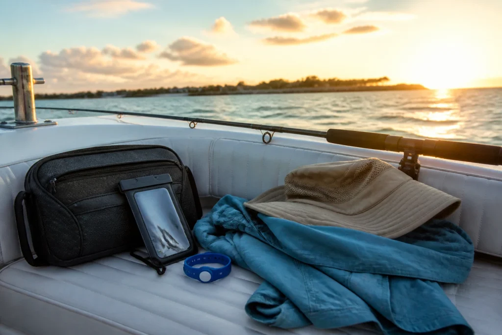 Practical items packed for an evening fishing charter