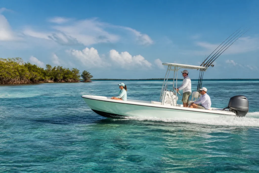 Flats fishing boat traveling through shallow water near Key West