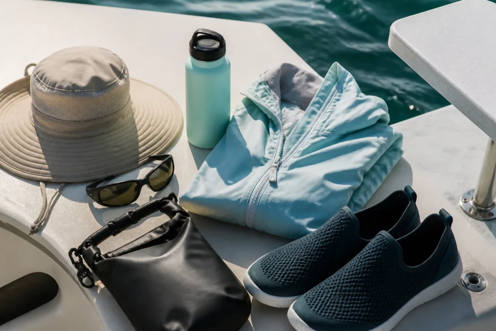 Compact clothing and gear prepared for a Key West fishing charter
